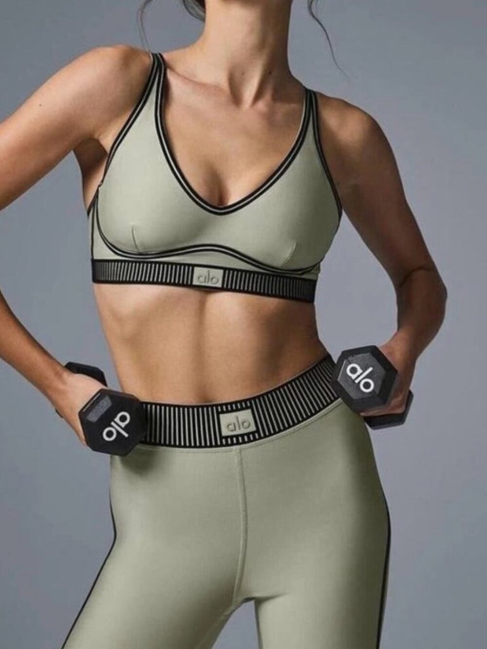 ALO Yoga Olive-Toned Sports Bra and Leggings Set - Picture 3 of 3